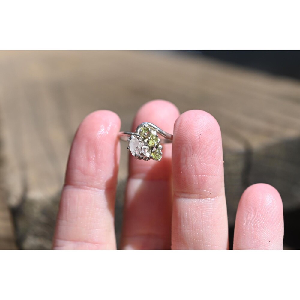 Raw Peridot and diamond Engagement Ring, Unique Wedding Band, Multistone Ring, S